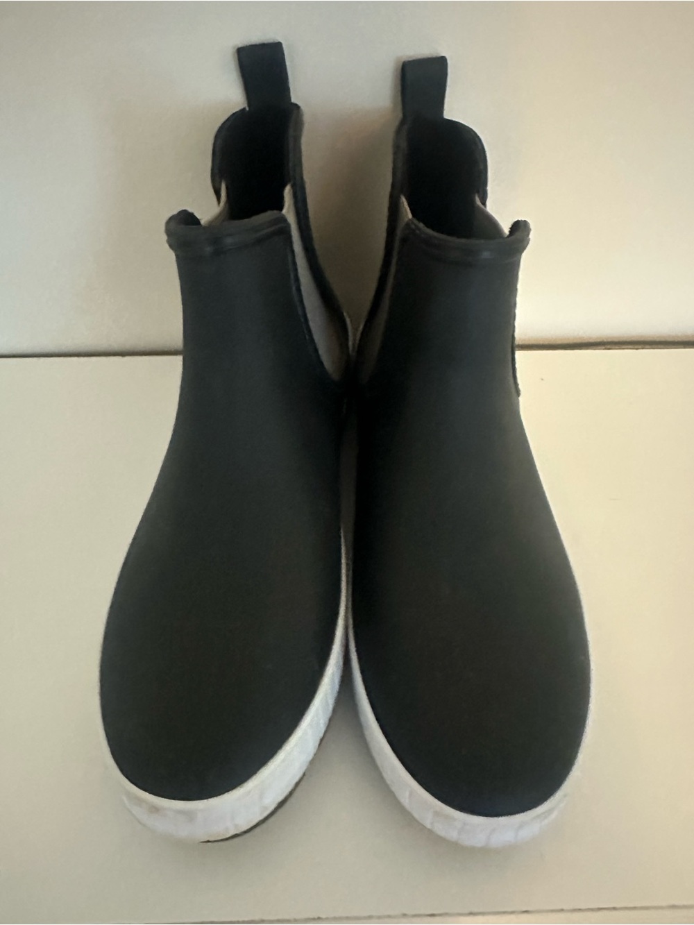 Sperry Black Slip-On Rain Boots with White Sole